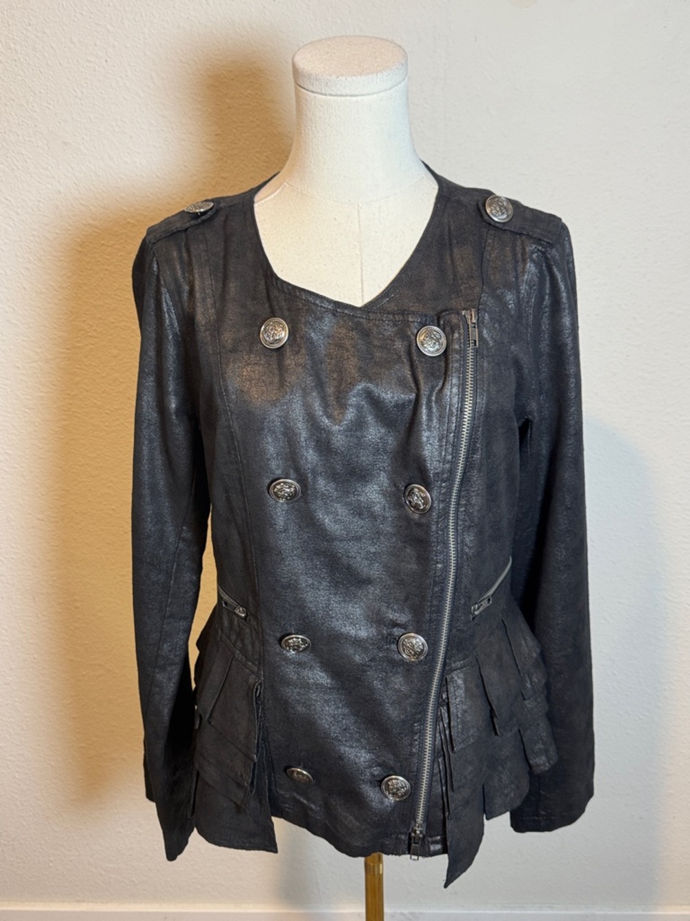 Tibi K Metallic Faux Leather Peplum Military Jacket Runs Small size Large